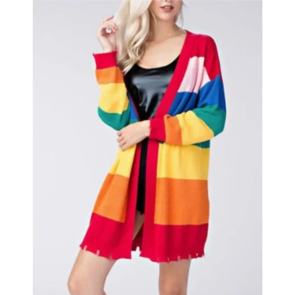 Honey Punch Cardigan Sweater Womens MEDIUM Open Front Rainbow Pride Twee Kidcore - Picture 2 of 10